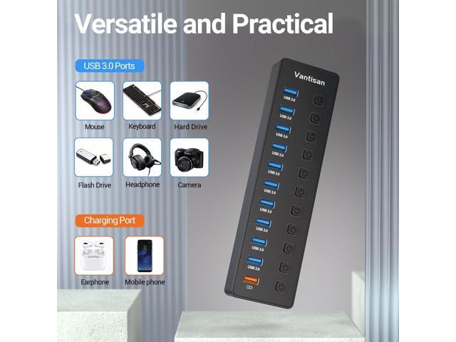 Powered USB Hub, 11-Port USB 3.0 Hub Splitter - 10 USB 3.0 Data Transfer Ports + 1 Smart Charging Port, USB Hub 3.0 Powered with Individual LED...