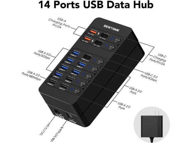 Powered USB Hub,14 Ports USB Data Hub Splitter with 6 USB 3.0 Port,4 Charging Port,1 USB-C 3.0 Data Port,1 PD 60W Charging Port w LED Individual...