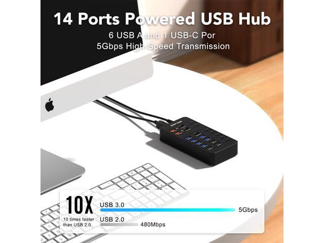 Powered USB Hub,14 Ports USB Data Hub Splitter with 6 USB 3.0 Port,4 Charging Port,1 USB-C 3.0 Data Port,1 PD 60W Charging Port w LED Individual...