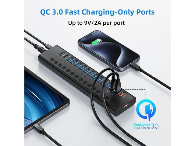 Powered USB 3.0 Hub, 16-Port USB C Hub Splitter (10 USB 3.0+2 QC 3.0+2 Smart Charging+2 USB-C 3.0) with Individual Switches, 12V 7.5A 90W UL...