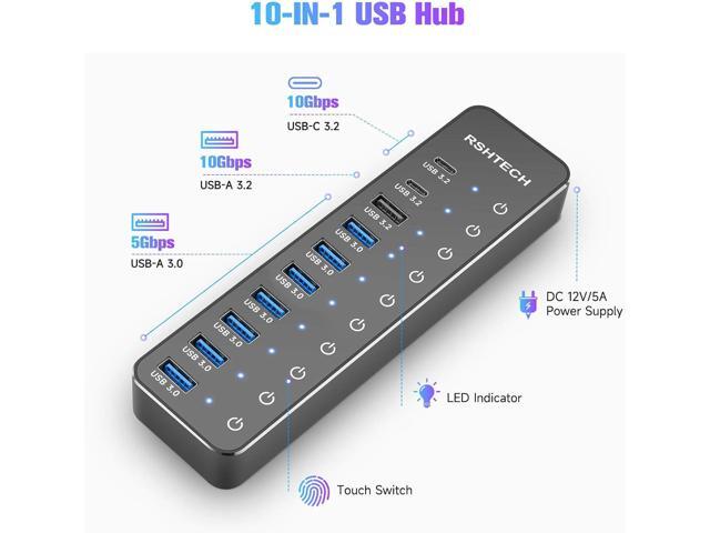 Powered USB Hub, RSHTECH 10-Port USB 3.2/USB C Hub 60W with 10Gbps USB-A 3.2, 2 USB-C 3.2, 7 USB 3.0 Ports, Individual Touch Switches and 3.3ft...