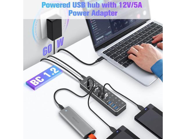 Powered USB Hub, RSHTECH 10-Port USB 3.2/USB C Hub 60W with 10Gbps USB-A 3.2, 2 USB-C 3.2, 7 USB 3.0 Ports, Individual Touch Switches and 3.3ft...