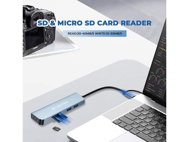 USB Hub 5 Ports, Multiple USB Hub 3.0 & TF/SD Card Reader, USB Splitter 5 in 1 USB Extender Compatible with MacBook/Pad Pro/Dell/HP Laptop/Phones