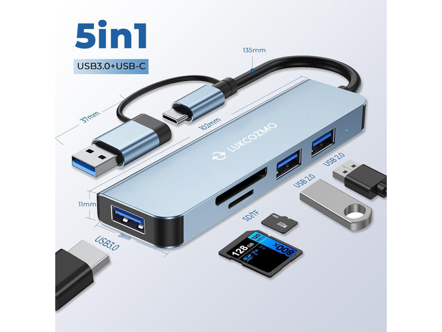 USB Hub 5 Ports, Multiple USB Hub 3.0 & TF/SD Card Reader, USB Splitter 5 in 1 USB Extender Compatible with MacBook/Pad Pro/Dell/HP Laptop/Phones