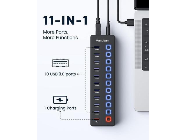 USB hubPowered USB hub, 11-Port hub Splitter10 USB 3.0 Data Transfer Port + 1 Smart Charging Port,Independent Switch (with LED Working Indicator)...