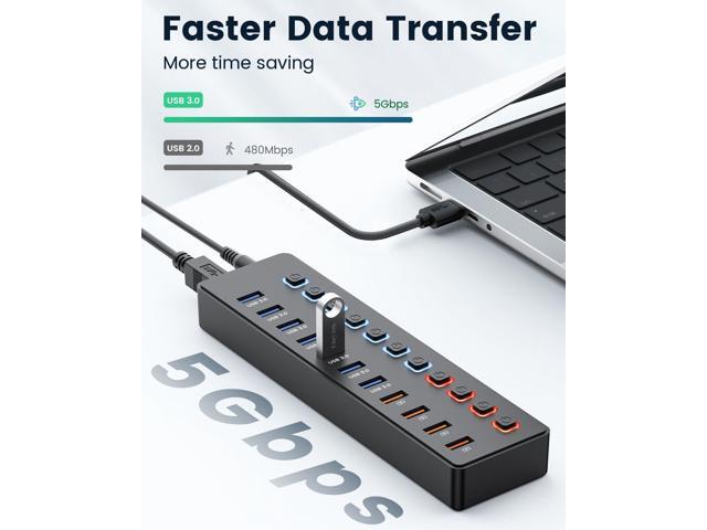 Powered USB hub,USB hub11-Port hub Splitter (7 USB 3.0 Data Transfer Ports + 4 Smart Charging Port), Independent Switch (with LED Working...