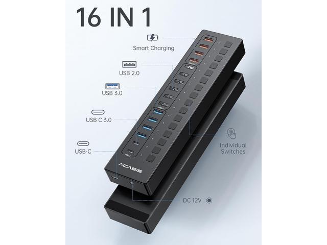 Powered USB 3.0 Hub, ACASIS 16 Port USB Hub Powered(Include 2*USB C 3.0+4 Smart Charging Port) with 60W Power Adapter, Support Wall Mount, USB Hub...