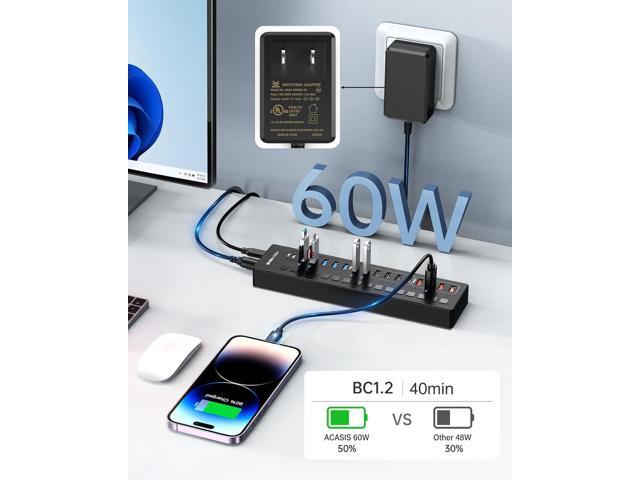 Powered USB 3.0 Hub, ACASIS 16 Port USB Hub Powered(Include 2*USB C 3.0+4 Smart Charging Port) with 60W Power Adapter, Support Wall Mount, USB Hub...