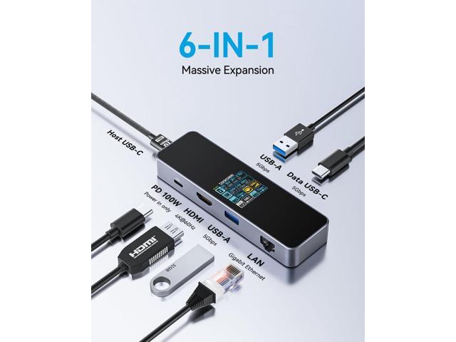 DOCKCASE Visual Smart USB C Hub (6-in-1) with HDMI Port 4K@60Hz, Gigabit Ethernet, USB-C and 2 USB-A 5Gbps Data Ports, 100w PD Power Delivery, for...