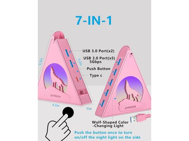 Howling Wolf USB Hub - 7 USB 3.0 Ports - Pink - Plug and Play - 2ft/1.2m Long Cable, for Laptop, PC, Flash Drive, HDD, Console, Printer, Keyborad,...