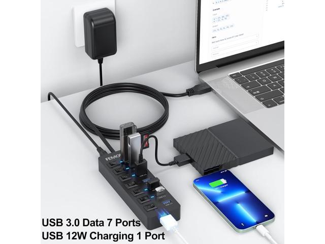 Powered USB Hub 3.0, FEMORO Data 7 Ports and USB Charging 1 Port Multi USB 3.0 Splitter with Individual LED Switches Power Adapter 4FT Extender...
