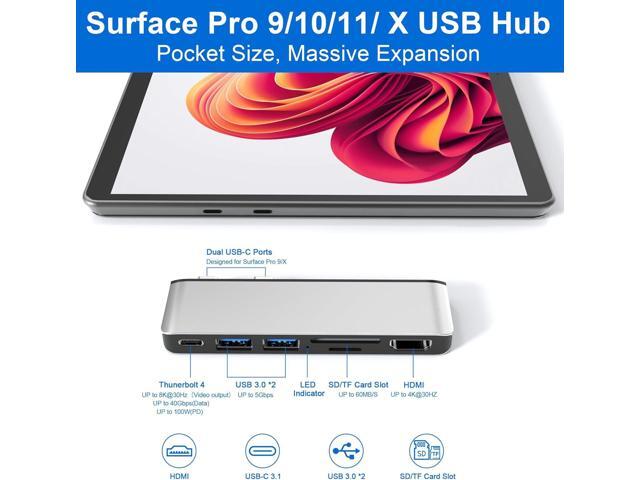Surface Pro 9/10/11/X USB Hub Docking Station, Surface pro 9 Accessories with 4K HDMI, USB-C Thunerbolt 4 (Display+Data+100W Charging), 2 USB 3.0,...