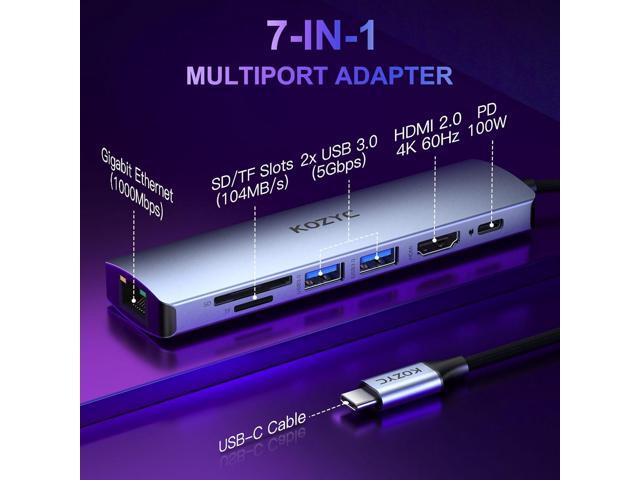 USB C Hub with Ethernet, KOZYC 7 in 1 USB-C Hub Multiport Adapter to HDMI 4K 60Hz, 1Gbps Ethernet, 100W PD Charging, 2 USB 3.0 Data, SD/TF Card...