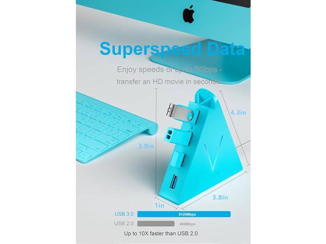 4-Port USB 3.0 Hub with 2 ft Extended Cable, FlyingVHUB Vertical Data USB Hub, for Mac, PC, Xbox One, PS4, PS5, iMac, Surface Pro, XPS, Laptop,...