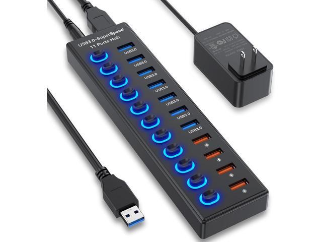 Powered USB 3.0 Hub 11-Port, Data 7 Ports + Charging 4 USB Ports Extender Cord 3FT Multiport USB Splitter Hubs with Power Adapter 36W Multi USB Hub...