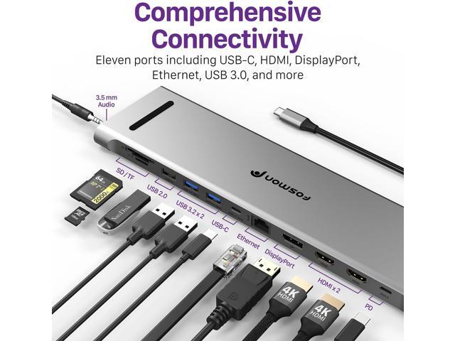 Fosmon USB C Hub (11-in-1) Desktop USB Hub with 2x HDMI (4k@60Hz), DisplayPort (4K@60Hz), x2 USB-C (USB 3.0) x2 USB 3.0, USB 2.0, TF 2.0, RJ45...