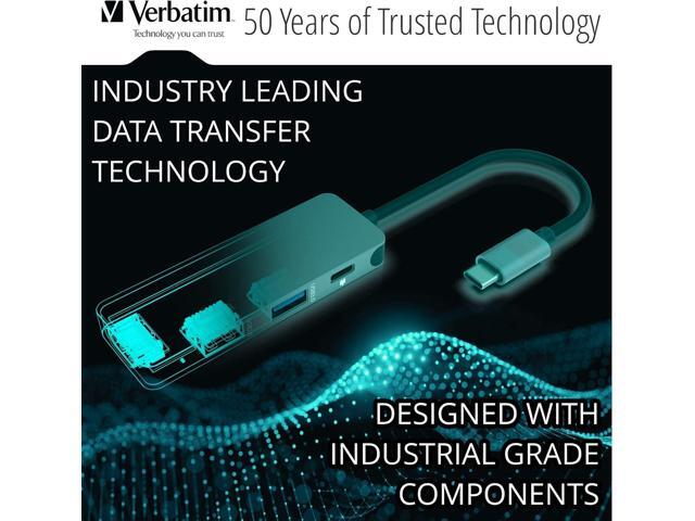 Verbatim 4-in-1 USB C Hub Adapter with Dongle - 60W Power Delivery, USB 3.0, USB 2.0 for USB C Laptops