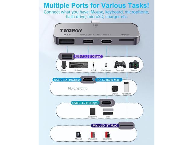 USB C iPhone Hub for ProRes Video Recording - Ultra-Slim Aluminum USB 3.2, Dual USB-C, Micro SD, and Charging Port Hub for iPhone 15 Pro/Pro Max