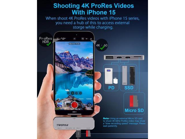 USB C iPhone Hub for ProRes Video Recording - Ultra-Slim Aluminum USB 3.2, Dual USB-C, Micro SD, and Charging Port Hub for iPhone 15 Pro/Pro Max