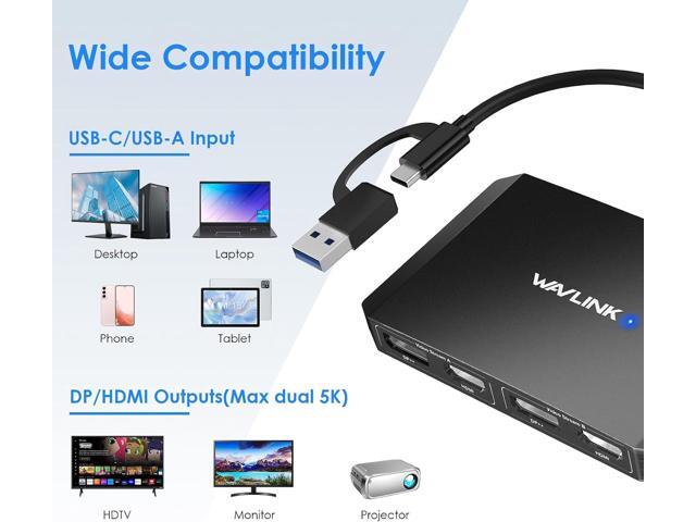 WAVLINK USB 3.0/USB C to DisplayPort and HDMI Adapter, Displaylink Dual 4K@60Hz Monitor Hub for M1/M2 MacBook, Dell HP Surface Lenovo, Compatible...