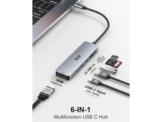 USB-C hub 4K 60Hz HDMI, ICZI 6-in-1 USB C to HDMI USB C Adaptor with HDMI, 2 USB 3.0 Ports, SD/TF Card Reader, 100W USB-C PD USB Hub for...