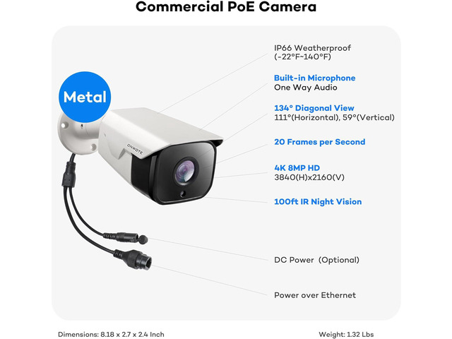 ONWOTE 4K 8MP UltraHD PoE IP Security Camera, AI Human Vehicle Detection, 3840x2160 8 Megapixels, 134° FoV, Video Audio, Indoor Outdoor, Commercial...