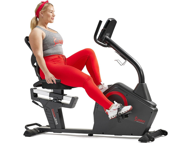 Sunny Health & Fitness Smart Recumbent Bike with Pulse Sensors, Home Cycling Workout Machine w/Cushion Seat & Mesh-Backrest, Free SunnyFit App...