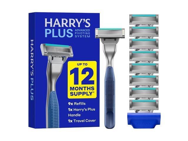 Harry's Plus Razor Value Pack - Premium Handle and 9 Razor Blade Cartridges - Advanced Pivoting System - Shaving Kit for Men - Tide