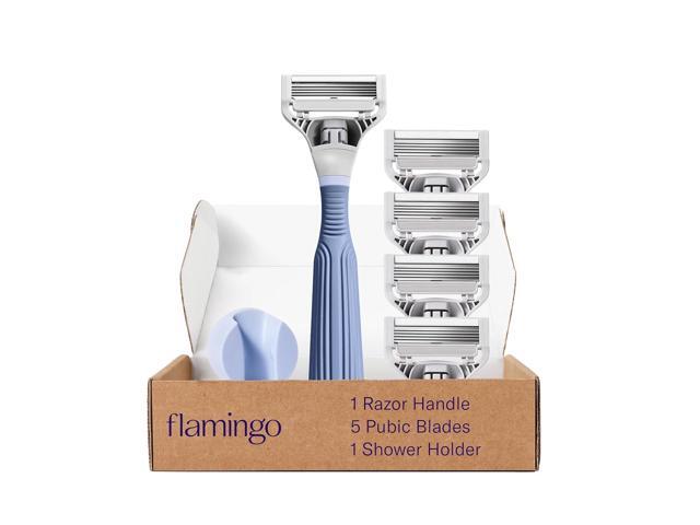 Flamingo Pubic Hair Razor for Women, Shaving Kit, 1 Pubic Razor Handle, 4 Five-Blade Refills, 1 Shower Holder, Starter Set, Full Kit