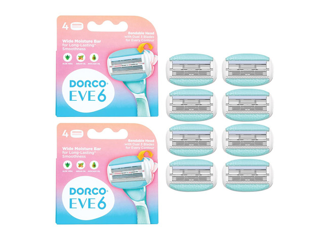DORCO eve Pack of 6 Razors for Women for Extra Close Shaving, (No Handle, 8 Pcs Razor Blade Refills), Double 3 Curved Blades with...