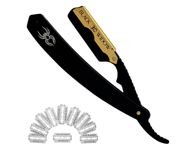 Black Widow Professional Straight Razor Matte Black & 24K Gold plated finish Barber Razor for Men Swing Lock Grip, Stainless Steel Shavette for...