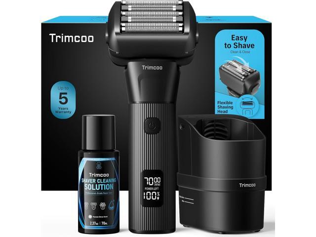 Electric Shaver for Men - Trimcoo 5-Blade Foil Razor Kit Gentle on Sensitive Skin Self-Cleaning Center, USB-C Charging, 180min Runtime, IPX7.