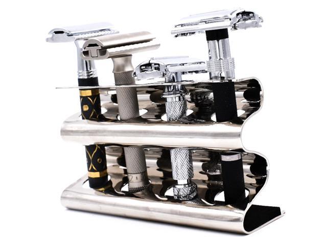 Parker Double Edge Razor Stand - Solid Brass with Mirror Chrome Finish -Holds 4 Razors - Parker Stand with Padded Base - Excellent Storage for Long.