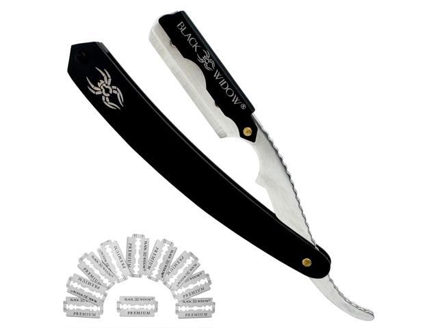 Black Widow Professional Barber Straight Edge Razor Stainless Steel Shavette, 1.5 mm Blade Exposure, Matte Black & chrome, 10 Double Edge Blades.