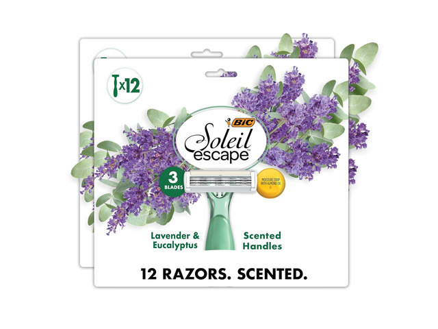 BIC Soleil 3 Escape Women's Disposable 3 Blade Razors, Lavender & Eucalyptus Scented Handles with Soothing Moisture Strip, 12-Pack