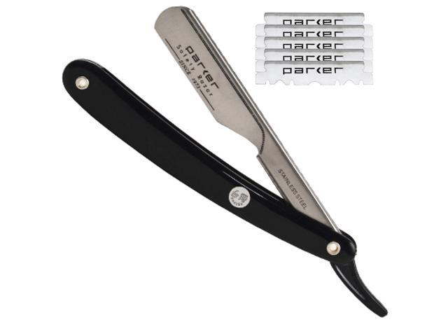 Parker PTB Professional Straight Razor with Replaceable Blades AllStainlessSteel PushType Design + 5 Parker Platinum Half Blades BarberGrade.