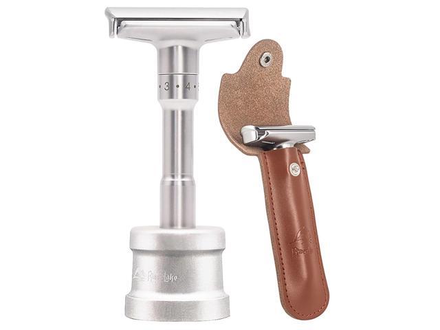 Travel Double Edge Safety Razor, River Lake RZ700 Long Handle Adjustable Classic Safety Shaver Razor (Razor with Protective Case and Stand)