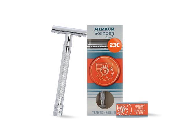 MERKUR 23C Double Edge Safety Razor - Polished Chrome, Long Knurled Brass Handle, Made in Germany, Plastic-Free, Three Piece Design, Closed Comb,.