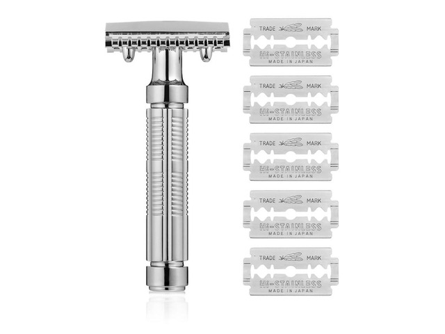 Mr. Fine Premium Double Edge Safety Razor for Wet Shaving, Single Blade Razor, Close Shave, Open-Comb Guard, 100% Metal w/Stainless Steel Core, 5...