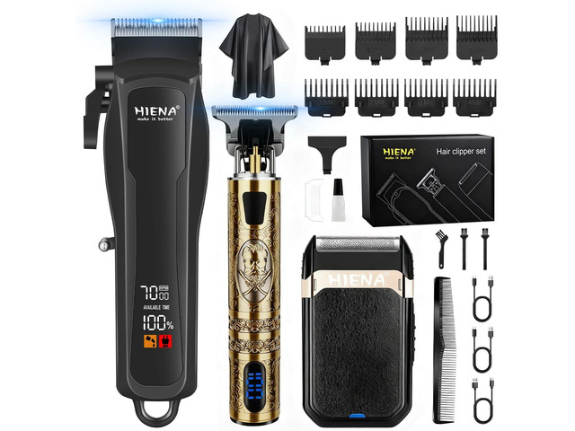 HIENA PRO Professional Cordless Hair Clippers for Men, T-Blade Beard Trimmer & Foil Shaver Set, Barber Clipper Hair Cutting Grooming Kit, Barber kit
