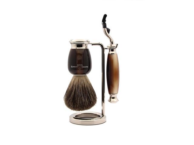 Edwin Jagger S81M582AMZ Imitation Light Horn & Nickel Classic Shaving Set with Pure Badger Shaving Brush and Mach 3 Razor for Shaving Cream or Soap.