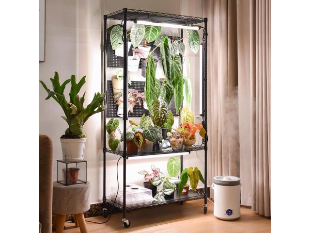 Bstrip Plant Cabinet with Pegboard, 3 Tier Plant Shelf with Grow Light, Metal Plant Stand with 4 Pack 96W Grow Lights for Indoor Plant, Foliage.