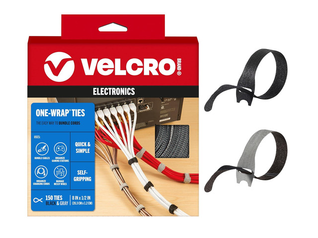 VELCRO Brand 150pk Cable Ties Value Pack Replace Zip Ties with Reusable Straps, Reduce Waste For Wire Management and Cord Organizer 8 x 1/2...