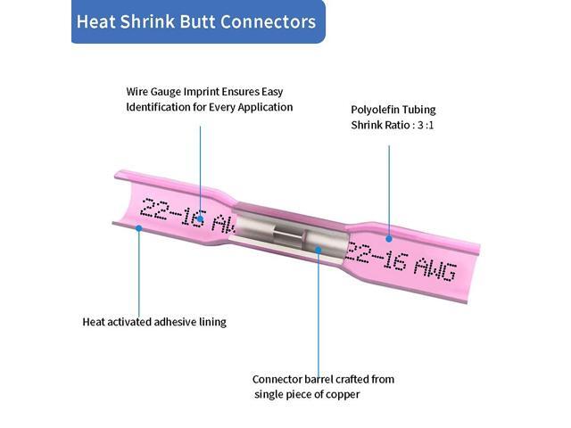 Heat Shrink Butt Wire Connectors, 200 Pcs Red 22-16 AWG Insulated Waterproof Electrical Wire Connectors Automotive Marine Wire Crimp Terminals Butt...
