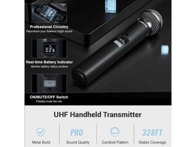 Phenyx Pro Wireless Microphone System, Dual Wireless Mics,w/ 2 Handhelds, Auto Scan,2x100 UHF Frequencies,328ft Range,Dynamic Microphone for...