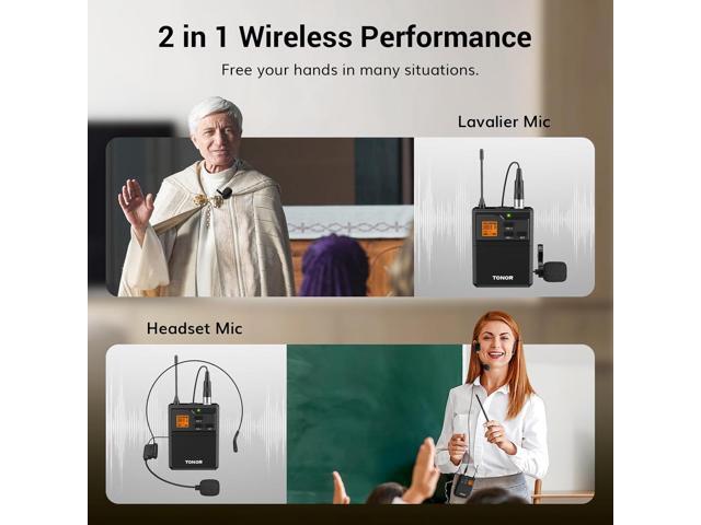 TONOR UHF Wireless Microphone System with Dual Headset Microphones/Lavalier Lapel Mics, Bodypack Transmitters, Mini Rechargeable Receiver, 2x15...