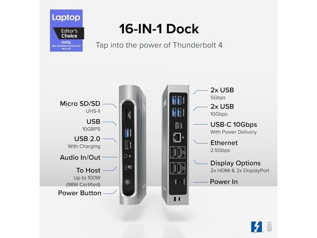 Plugable 16-in-1 Thunderbolt 4 Dock Dual 4K Monitors for M4 MacBook Air/Pro, 100W Charging, 2X HDMI, 2X DisplayPort, 2.5G Ethernet, 7X USB,...