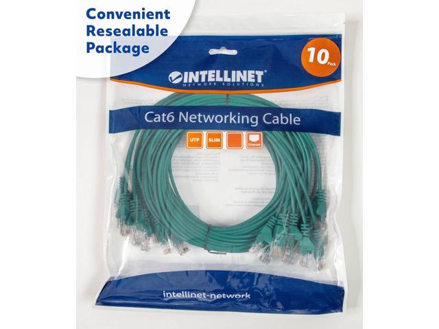 Intellinet Cat6 U/UTP Slim Network Patch Cable, 5 ft., Green, 10-Pack, 10G, 250 MHz, 100% Copper, 30 AWG, RJ45, Stranded, Snag-free, Gold-plated...