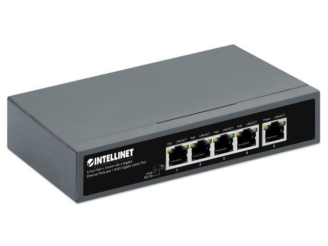 Intellinet 5-Port PoE++ Switch with 4 Gigabit Ethernet Ports and 1 RJ45 Gigabit Uplink Port, IEEE 802.3bt (4PPoE) Compliant, Four PSE PoE++ Ports...