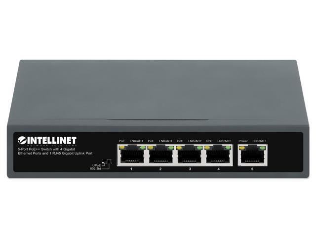 Intellinet 5-Port PoE++ Switch with 4 Gigabit Ethernet Ports and 1 RJ45 Gigabit Uplink Port, IEEE 802.3bt (4PPoE) Compliant, Four PSE PoE++ Ports...